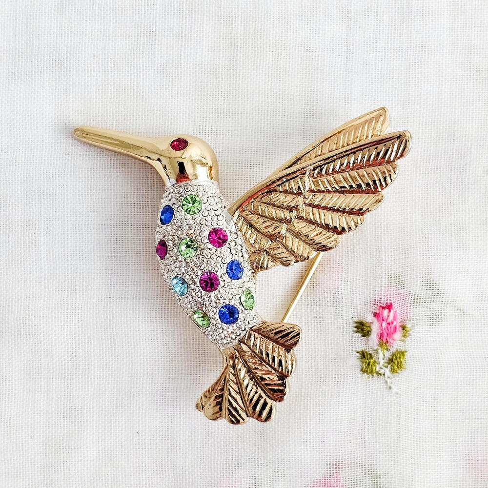 Premier Designs Multicolor Rhinestone Hummingbird Bird Gold Tone Brooch Pin
